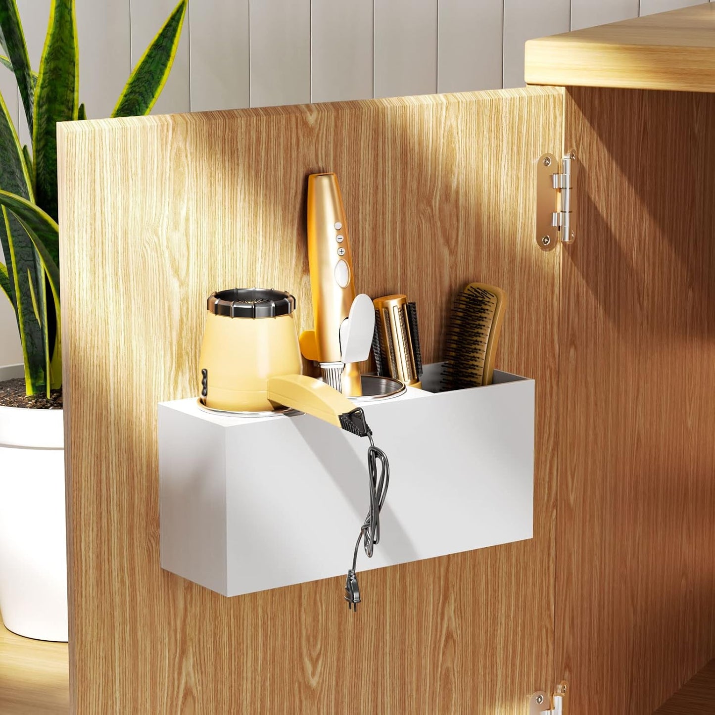 NIUBEE Hair Tool Organizer Wall Mount, Hair Dryer Holder for Bathroom,White | Acrylic Hair Organizer Storage Countertop, Blow Dryer Holder, Hot Tools Organizer for Curling Iron, Brush, 2 Stainless Cups