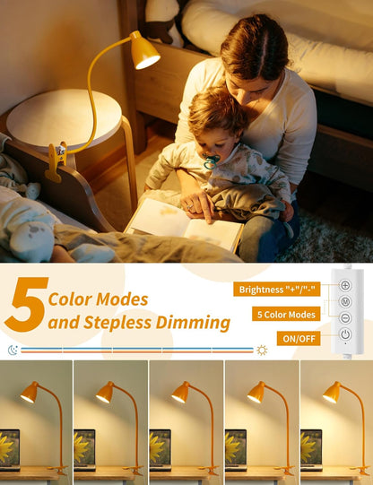 BOHON Desk Lamp 5 Color Modes 10 Brightness Dimmer Reading Light Black | 10W 38 LED Clamp Lamp with Auto Off Timer 360° Flexible Neck Clip on Light for Bed Bedside, AC Adapter Include