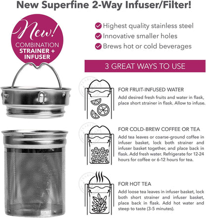 Teabloom All-Purpose Beverage Tumbler – 15 oz / 450 ml Insulated Glass Bottle – Tea, Coffee, Fruit Infused Water – All-Temperature Travel Mug – Stainless Steel Infuser Basket – The Wayfarer Tumbler