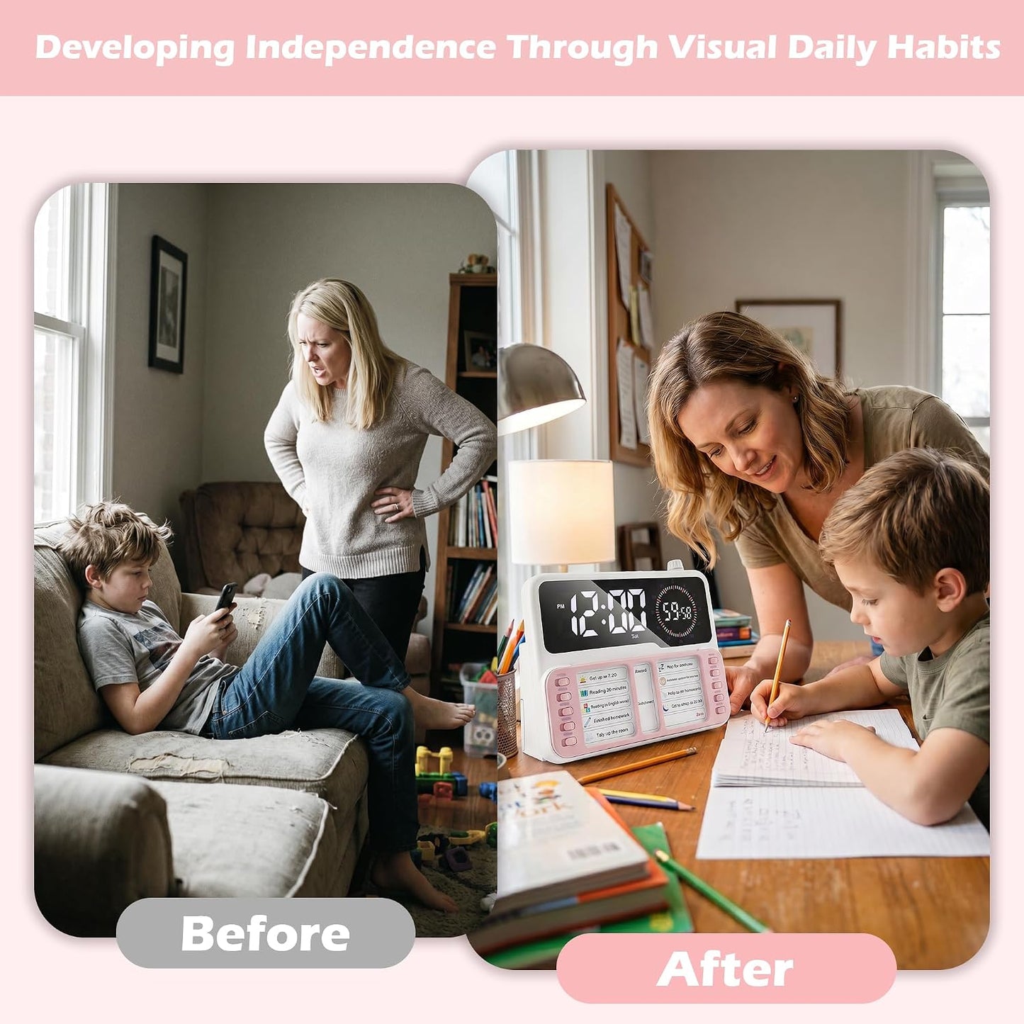 Visual Timer for Kids/Adults, ADHD Tools for Kids with Visual Schedule, 6-in-1 Time Timer with Alarm/Countdown/Digital Clock/Chore Chart, Smart Autism/ADHD Task Timer for Home Classroom - Pink