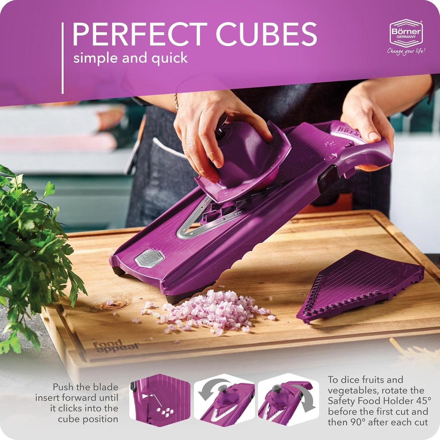 Mandoline Food Slicer Börner V5 (Profi Set) by Reston Lloyd • V-Slicer with 4 Inserts, Docking Station & Food Holder • Made in Germany • Fruit & Vegetable Chopper • Multiple Settings • Color: Lime