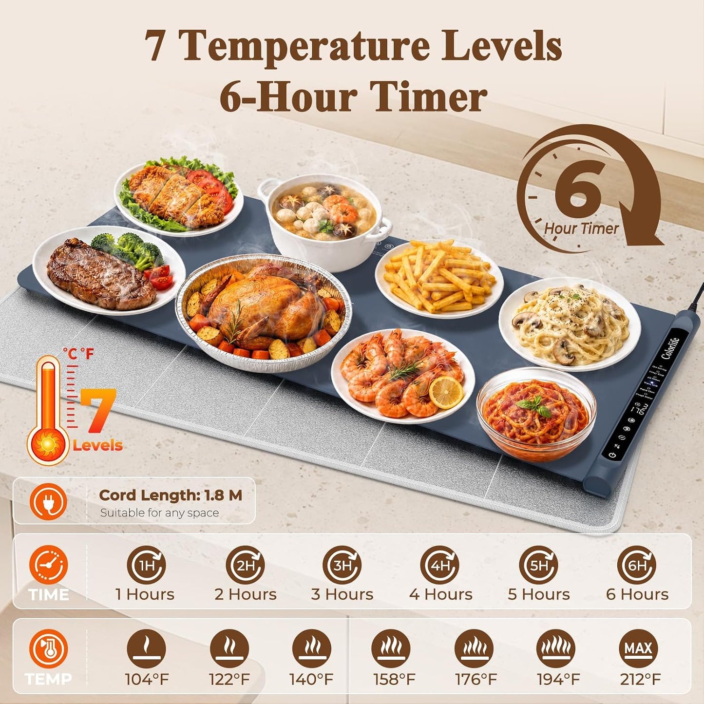 Warming Mat for Food, Electric Warming Tray with Heat-Resistant Pad-L Grey | Colorlife 6 Preset Modes, 7 Temps, 6H Timer, Child Lock, Auto-Memory, Rollable Silicone Food Warmer for Buffet, Parties