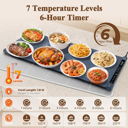 Warming Mat for Food, Electric Warming Tray with Heat-Resistant Pad-L Grey | Colorlife 6 Preset Modes, 7 Temps, 6H Timer, Child Lock, Auto-Memory, Rollable Silicone Food Warmer for Buffet, Parties