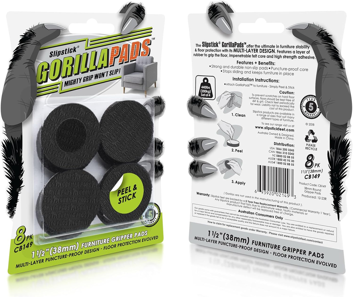 Slipstick GorillaPads CB147 Non Slip Furniture Pads/Gripper Feet (Set of 16) Self Adhesive Rubber Floor Protectors, 1 inch Round, Black
