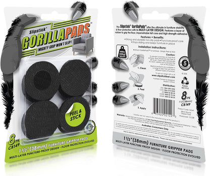 Slipstick GorillaPads CB147 Non Slip Furniture Pads/Gripper Feet (Set of 16) Self Adhesive Rubber Floor Protectors, 1 inch Round, Black