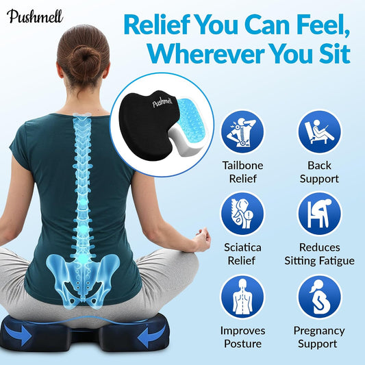 Premium Memory Foam Gel Seat Cushion for Tailbone, Coccyx, Back & Sciatica Pain Relief – Fits 17.5” x 14” Seats, Ergonomic Office & Desk Chair Cushions for Home, Car – Includes Bonus Extra Cover