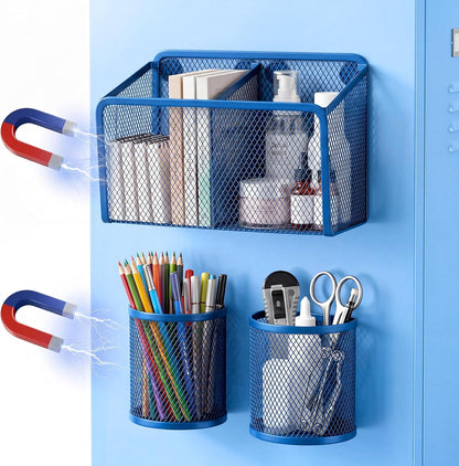 3 Pcs Magnetic Locker Accessories Mesh Metal Pen Holder,Sage Green | Strong Magnets Magnetic Pencil Holder, Mesh Metal Marker Storage Basket Organizer, for Locker Whiteboard Fridge School Office