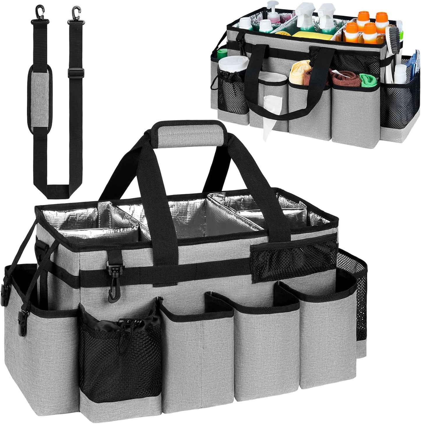 Cleaning Caddy Bag, Extra Large Cleaning Supply Bag for Housekeepers,Black | Sturdy Cleaning Caddy Organizer for Cleaning Supplies with Handle and Adjustable Shouder Strap, Easy to Clean Design