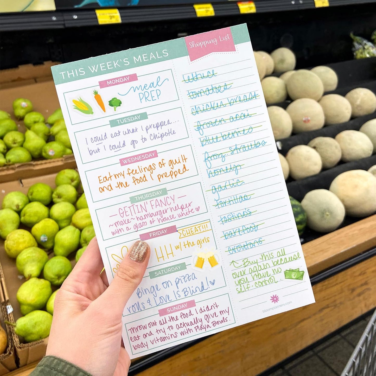 bloom daily planners Weekly Meal Planning Pad - Magnetic Hanging Refrigerator Menu Planner with Tear-Off Sheets & Perforated Grocery Shopping Lists - 6” x 9” (Pink Floral)