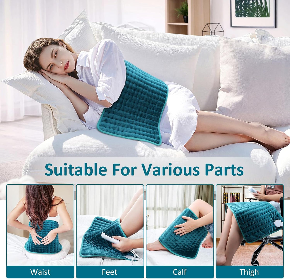 Heating pad for Back/Shoulder/Neck/Abdomen, Heating Pads for Period Cramps with 6 Fast Heating Settings, Auto-Off, Machine Wash, Birthday Gifts for Women Mom Men Dad, Extra Large 12"x24", Blue