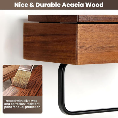 Toilet Paper Holder Walnut Wood Shelf - Wall Mount & Self-Adhesive | Bathroom Tissue Holder, Black Stainless Steel with Walnut Shelf for Phone - Home Apartment Restroom Decor Essentials