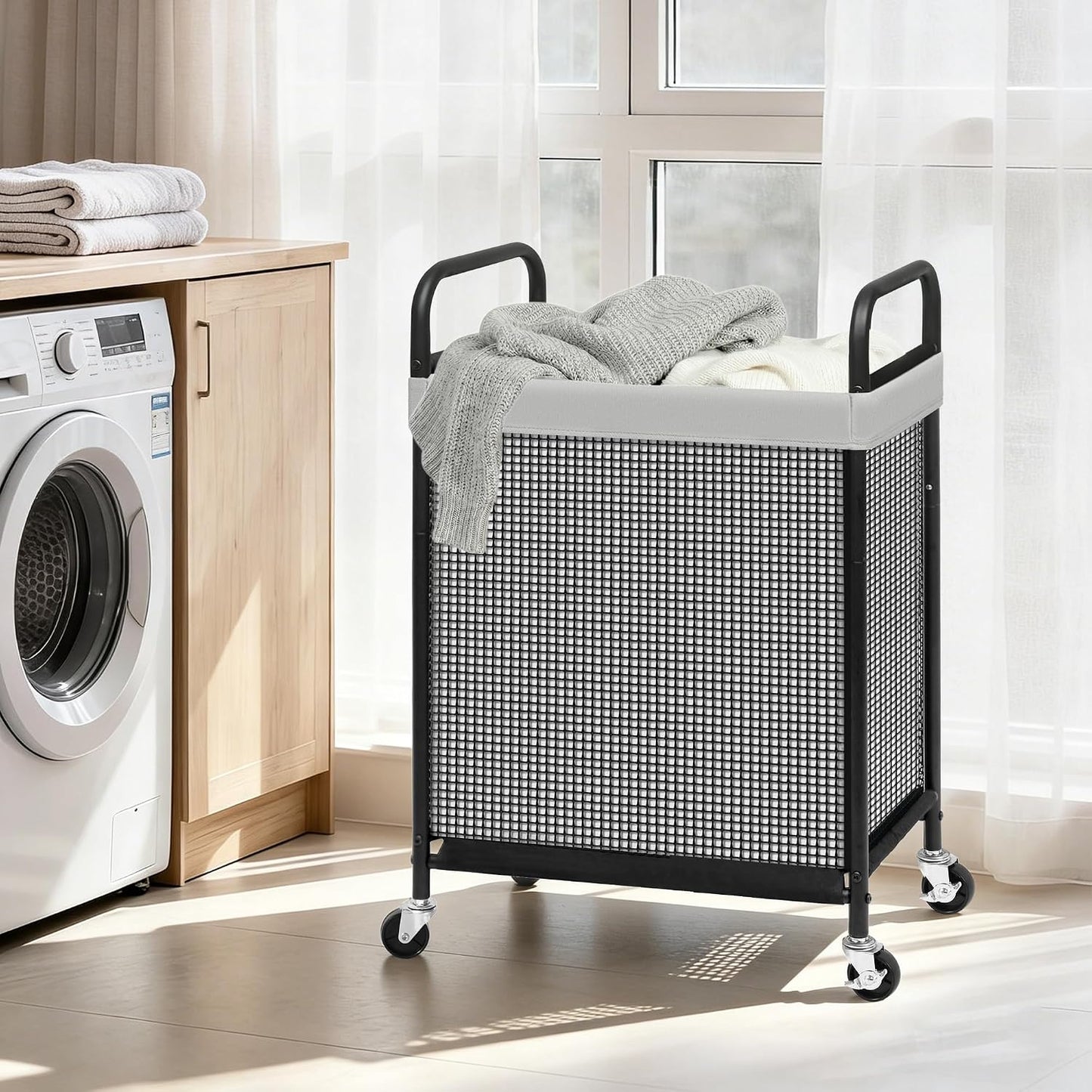 STORAGE MANIAC Rolling Laundry Hamper with Wheels 2-Section Laundry Sorter Rolling Laundrys Basket on Wheels with Removable Bag Clothes Hamper Laundrys Organizer Cart Bathroom Bedroom 100L Beige