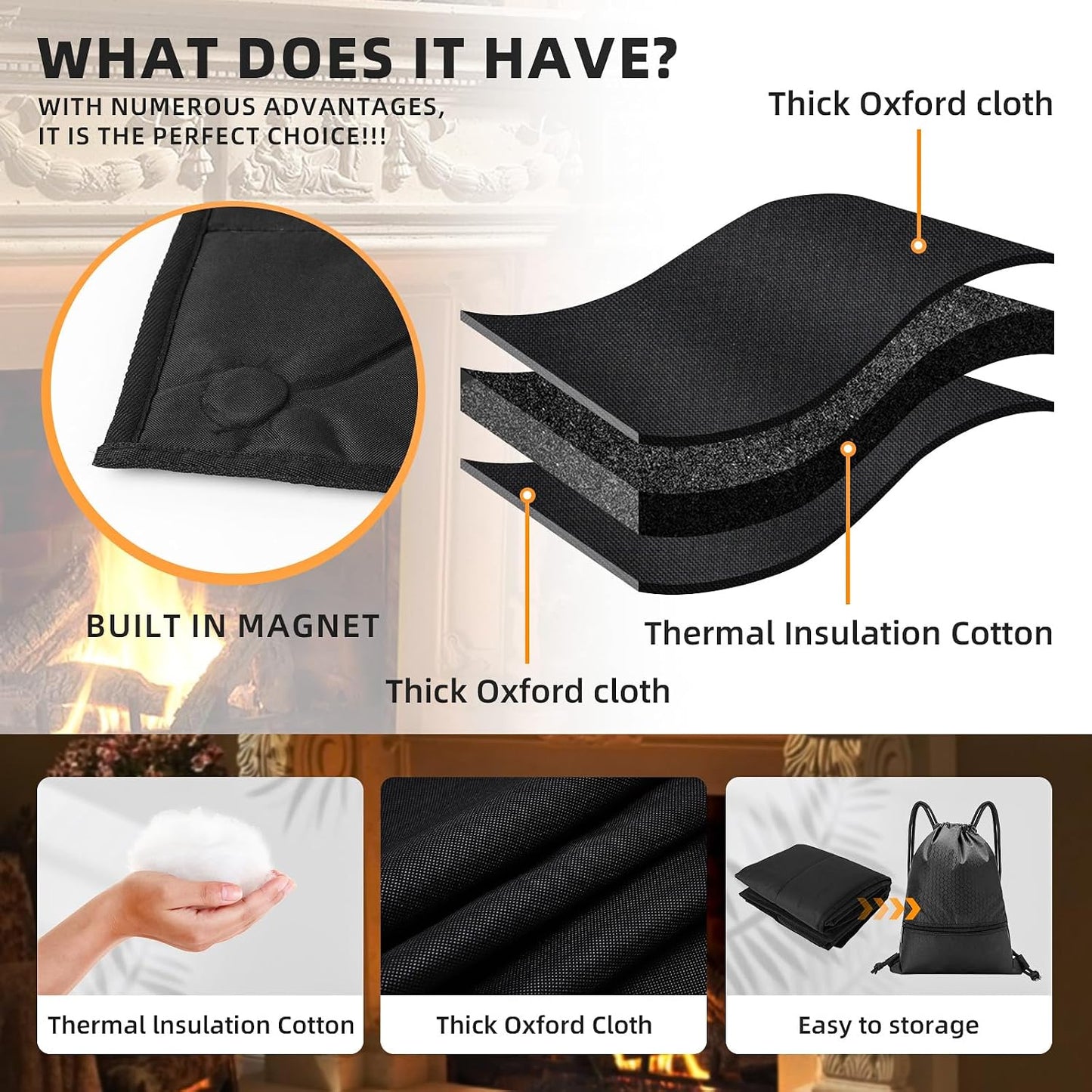 36"×27" Magnent Fireplace Cover,Fireplace Blocker Blanket for Stop Heat Loss and Save Enegry,Indoor Fireplace Draft Stopper with Built-in 12 Strong Magnet for Iron Fireplace Frame