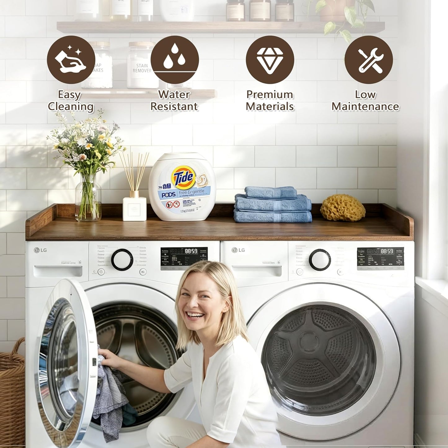 2-Tier Washer Dryer Countertop with Shelves & Metal Hooks, 27" W x 27.5" D Large Laundry Topper for Room Organization & Folding Clothes & Storage(Oak)