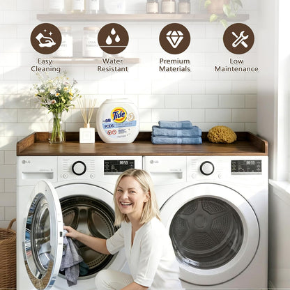 2-Tier Washer Dryer Countertop with Shelves & Metal Hooks, 27" W x 27.5" D Large Laundry Topper for Room Organization & Folding Clothes & Storage(Oak)