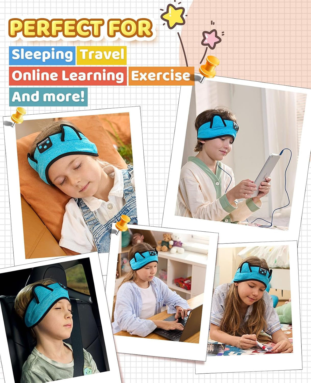KIDSBAND Kids Bluetooth Headphones, Sleep Headband [Wireless & Wired Playback 2in1] Foldable Headphones for School/Travel/Tablet/Sleep