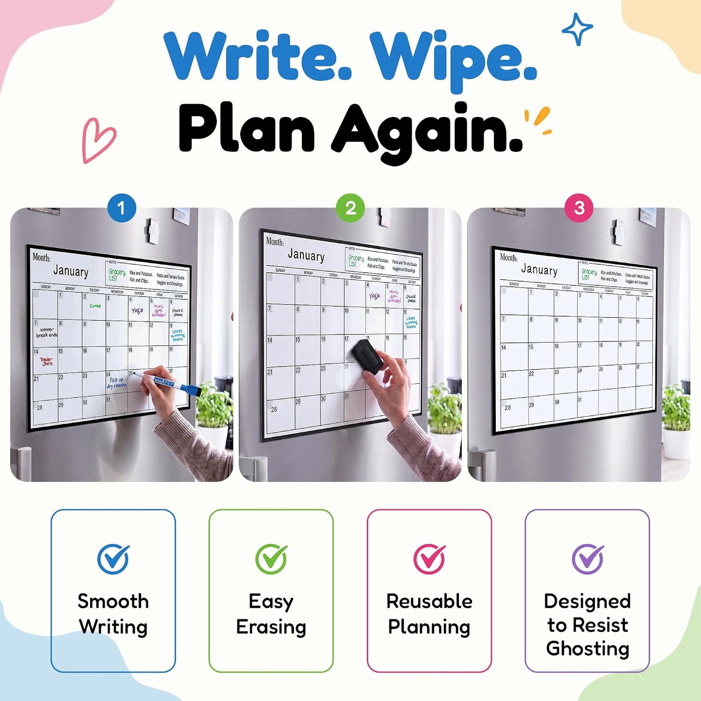 3 Pack Magnetic Dry Erase Calendar for Fridge, 17" x 12" Fridge Planner | Stain-Resistant Magnetic Calendar for Refrigerator with 6 Magnetic Markers & 1 Eraser - Monthly, Weekly & Daily Planner Set