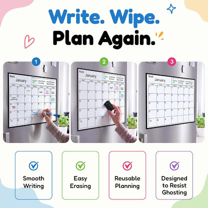 3 Pack Magnetic Dry Erase Calendar for Fridge, 17" x 12" Fridge Planner | Stain-Resistant Magnetic Calendar for Refrigerator with 6 Magnetic Markers & 1 Eraser - Monthly, Weekly & Daily Planner Set