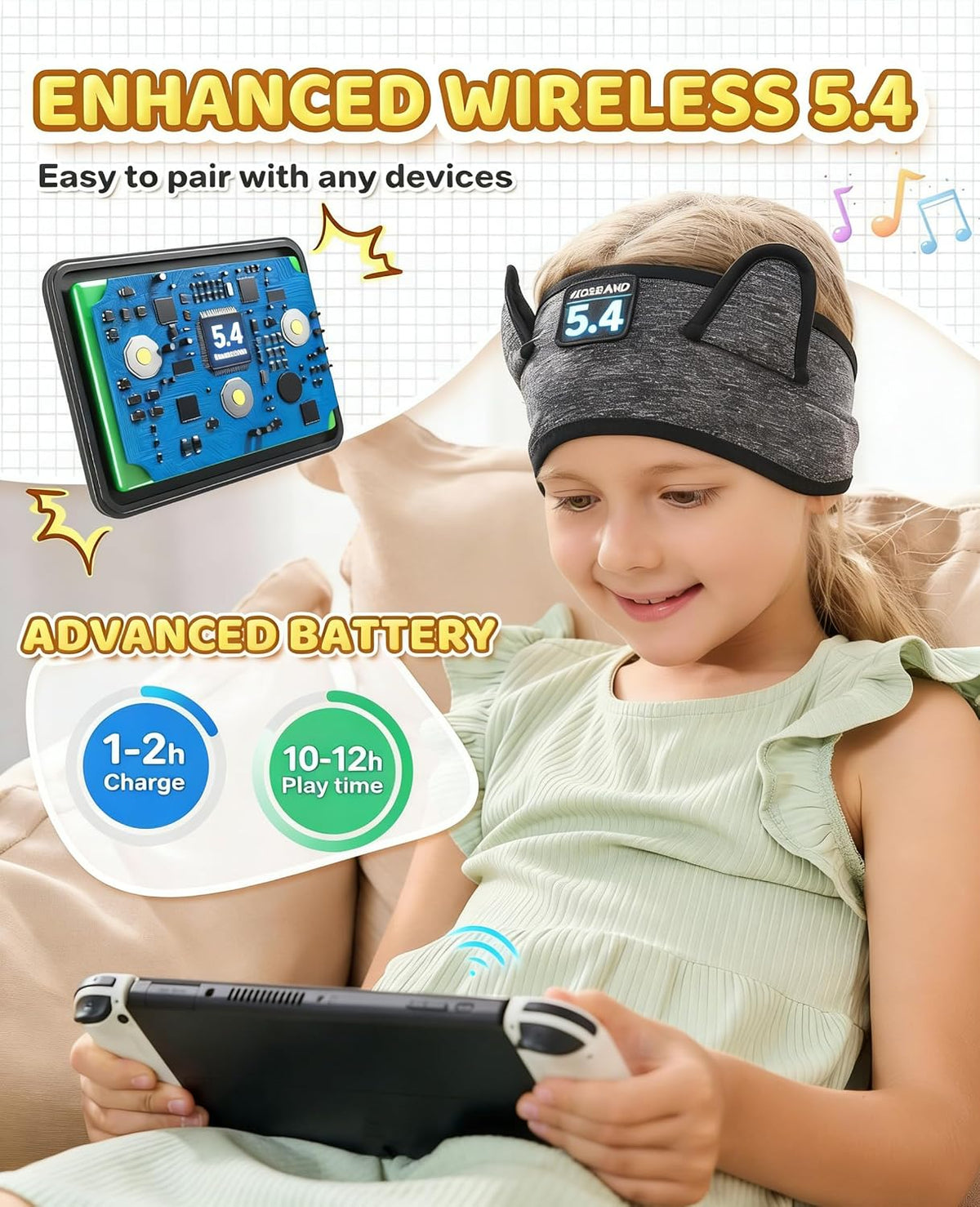 KIDSBAND Kids Bluetooth Headphones, Sleep Headband [Wireless & Wired Playback 2in1] Foldable Headphones for School/Travel/Tablet/Sleep