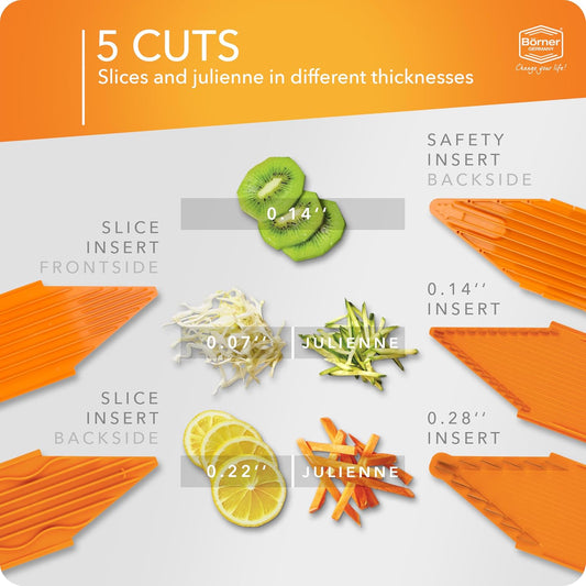 Börner by Reston Lloyd Mandoline Slicer V1 (Starter Set) • V-Slicer with 5 Thickness Settings & Food Holder • Adjustable Kitchen Slicer for Vegetables & Fruits • Color: White