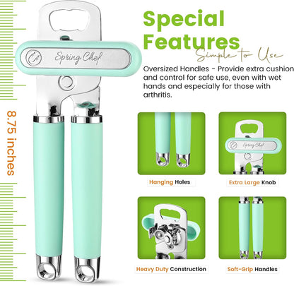 Spring Chef Stainless Steel Manual Can Opener with Soft Grip Handles, Black | Heavy Duty Hand Can Opener for Seniors with Smooth Edge, Easy Turn, 3in1 Can Opener with Magnetic Lid Remover & Bottle Opener