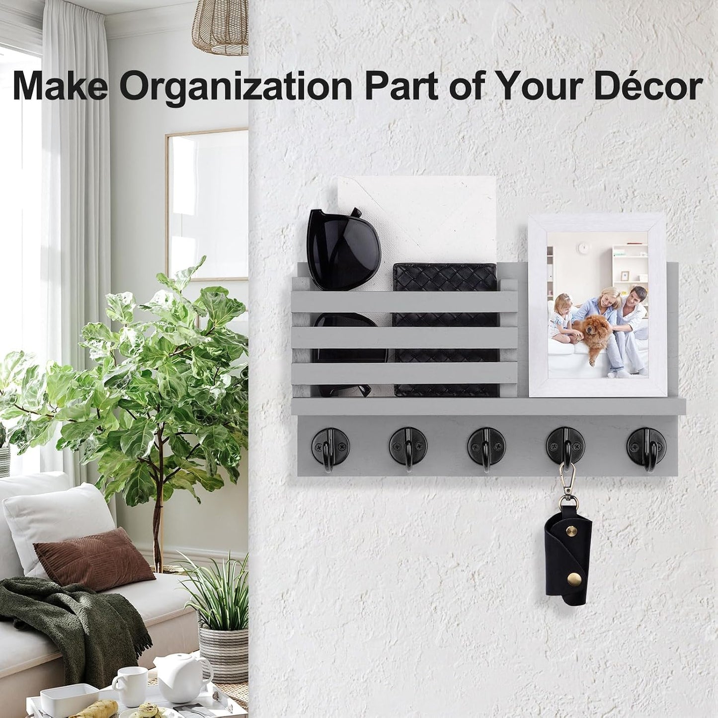Lwenki Key Holder for Wall – Decorative Wooden Mail Holder and Key Shelf with Mounting Hardware, Installation Guide – Paulownia Wood with Metal Key Hooks (Black, Large - 11.8inch)