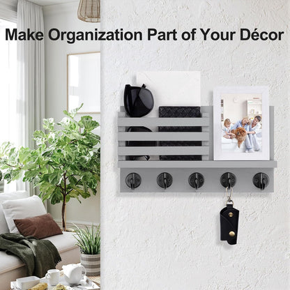 Lwenki Key Holder for Wall – Decorative Wooden Mail Holder and Key Shelf with Mounting Hardware, Installation Guide – Paulownia Wood with Metal Key Hooks (Black, Large - 11.8inch)