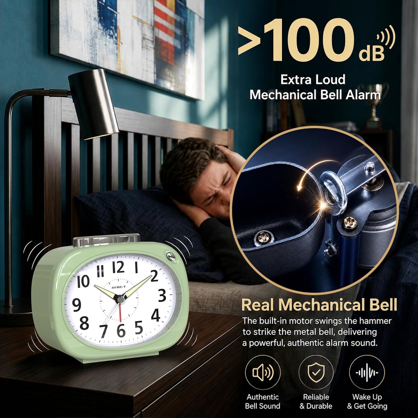 AYRELY® 4.5" Loud Analog Alarm Clock for Heavy Sleepers, 100 dB Alarm Sound | Mechanical Bell, Silent Quartz Desk Clock and Table Clock with 10-Second Night Light, Luminous Hands for Bedroom and Bedside