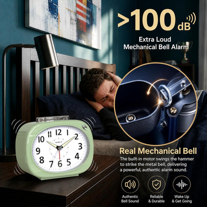 AYRELY® 4.5" Loud Analog Alarm Clock for Heavy Sleepers, 100 dB Alarm Sound | Mechanical Bell, Silent Quartz Desk Clock and Table Clock with 10-Second Night Light, Luminous Hands for Bedroom and Bedside