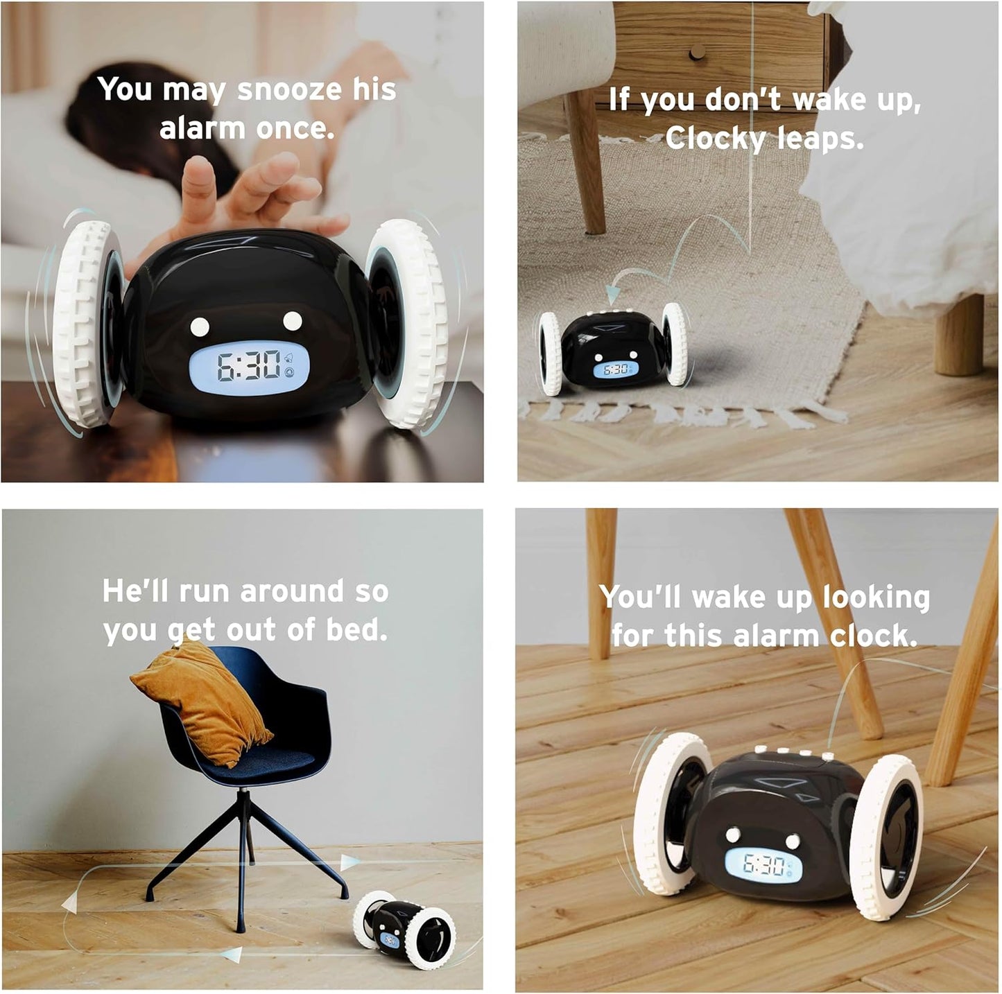 CLOCKY Alarm Clock on Wheels – Loud Rolling Alarm Clock for Heavy Sleepers | Runaway Clock that Jumps & Runs to Wake You Up | Funny Unique Gift for Adults, Teens & Kids Bedrooms (Black)