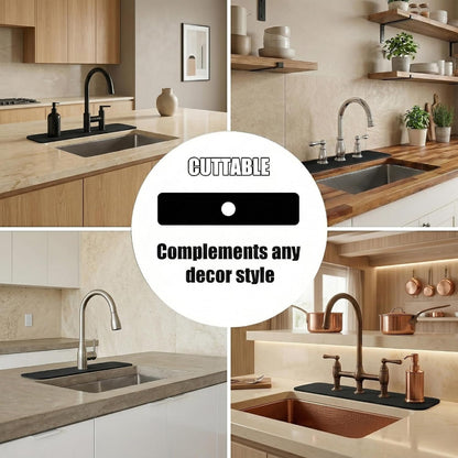 33 Lx5.5 W Long Kitchen Sink Faucet Mat: Customizable Black Splash Guard with Pre-Cut Center Hole for Large Double bowl Sink, DIY to Fits irregular & 2, 3, 4 hole sinks with Soap Dispenser & Air Gap