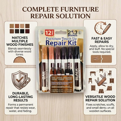 Furniture Touch-Up Markers Set | Wood Repair Kit for Fixing Stains and Scratches on Floors, Tables, Bedposts, Desks | Markers and Wax Sticks to Cover Up Oak Maple Cherry Walnut Mahogany