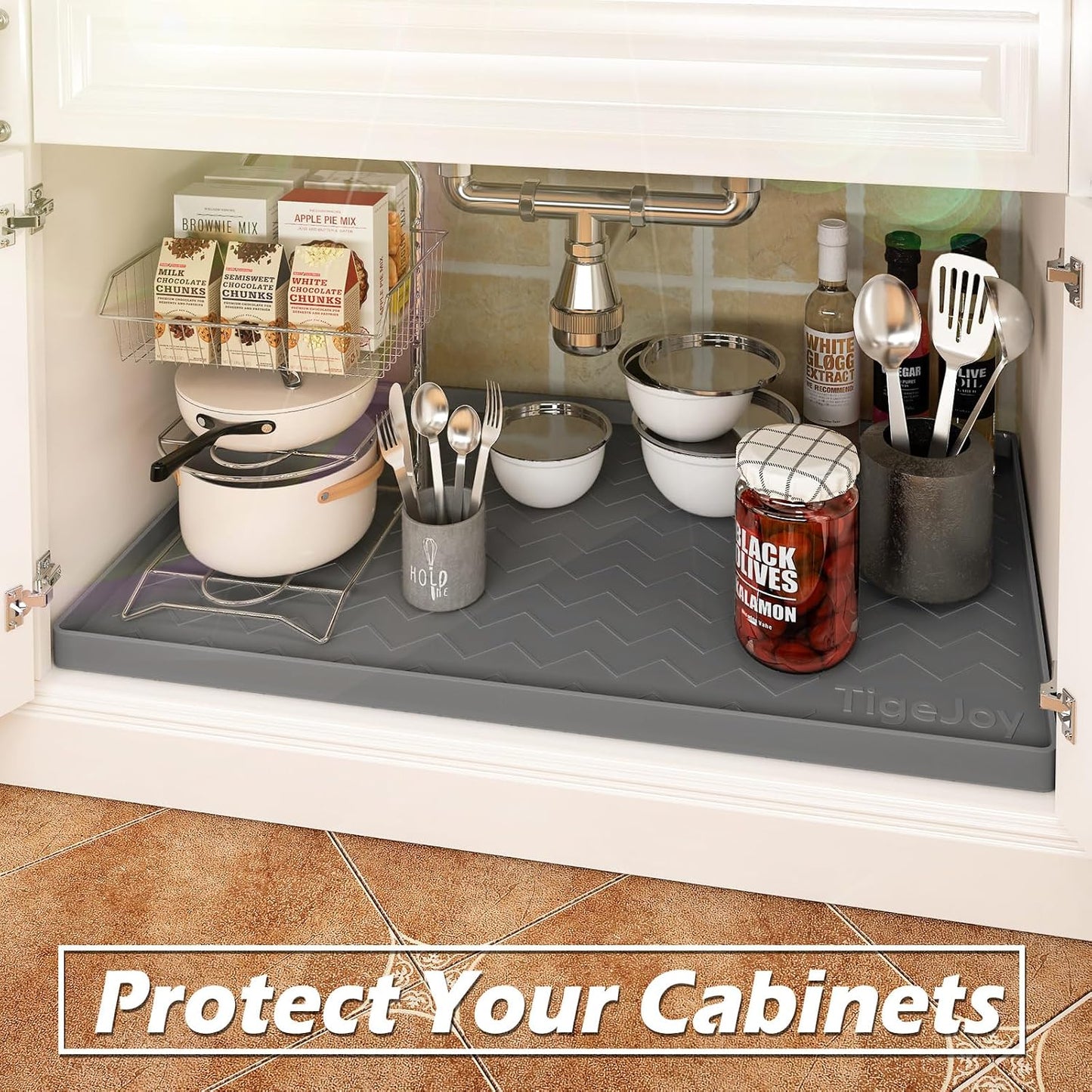 TigeJoy Under Sink Mats for Kitchen Waterproof 34" x 22", Cabinet Liner | Leak-Proof Silicone Mat Sink Protector, Kitchen Essentials Organizer and Storage,Boot or Shoe Tray, Pet Feeding Mat