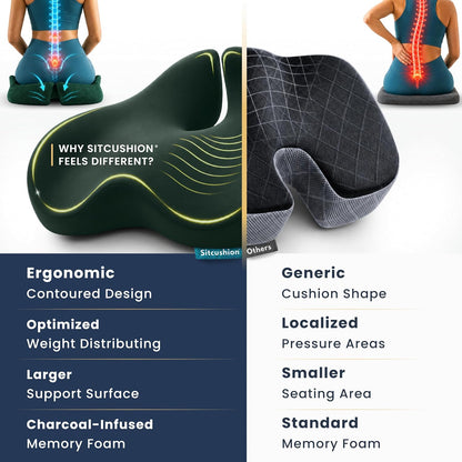 SitCushion Extra Large Memory Foam Seat Cushions for Office Chairs, Pressure Relief Seat Cushion for Tailbone Pain Relief, Sciatica & Back Pain, Ergonomic Office Chair Cushion for Long Sitting (Black)