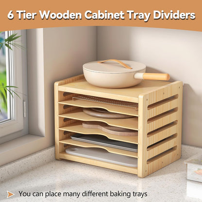 tonchean 6 Tier Wooden Tray Dividers for Cabinets | for pots, Cutting Board, Pans, Kitchen Organizers and Storage, 16.6" W x 13.1" H x 12.4" D