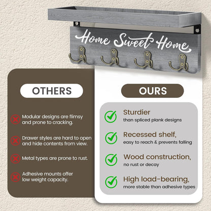 buways Key Holder Wall Mount with 8 Hooks and Cozy Home Sign (Gray) | Solid Wood, Floating Shelf for Keys, Mail, and Daily Essentials in Entryways, Hallways or Home Decor