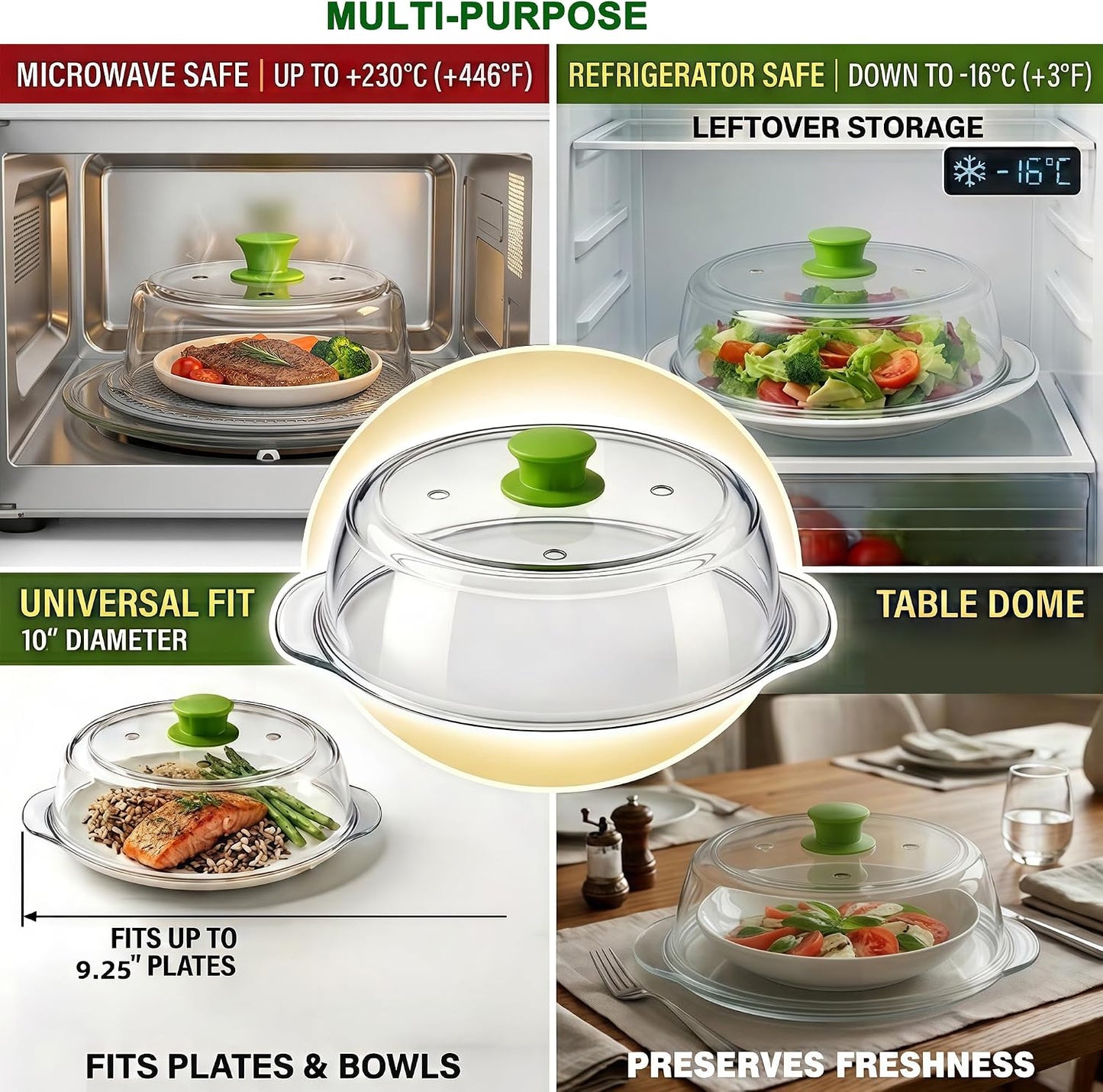 Glass Microwave Splatter Cover for Food 10 inch, 4 Vents, Heat Resistant | Borosilicate Glass Splatter Guard with Silicone Handle Knob and Mat,BPA Free,Dishwasher Safe,Dish Cover,4 in 1,Green