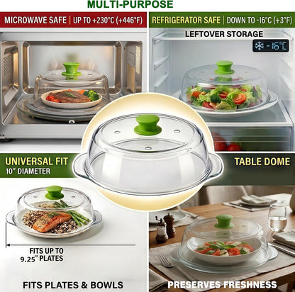 Glass Microwave Splatter Cover for Food 10 inch, 4 Vents, Heat Resistant | Borosilicate Glass Splatter Guard with Silicone Handle Knob and Mat,BPA Free,Dishwasher Safe,Dish Cover,4 in 1,Green