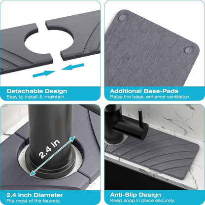 SpaceHacks Stone Faucet Mat for Kitchen Sink 23.7x4 in, Light Gray | Fast Drying Diatomite Stone Drying Mat, Water Splash Guard, Textured Drainage Sink Protector, Suits Bathroom&Kitchen Counter