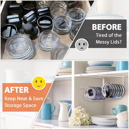 Tumbler Lid Organizer, Versatile Tumbler Lid Storage Holds 10 Lids, Black | Space Saving Cup Lid Organizers Inside Cabinet Tumbler Lid Hook for Kitchen Organizer and Storage, Paper Towel Rack Hanger