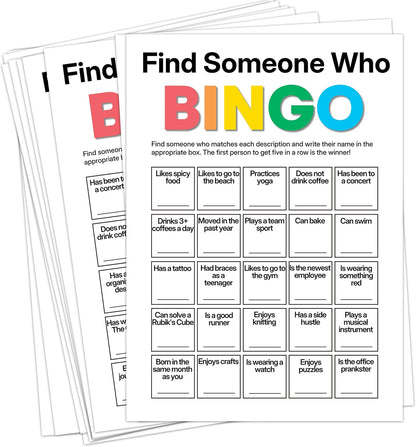 Find Someone Who Bingo Cards, 25 Unique Randomized 5x7 Sheets, Get to Know You Bingo Game for Adults, Ice Breaker Office Party Games, Team Building Games for Work, High Replay Value - A05