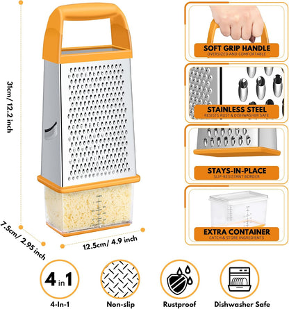 Urbanstrive Cheese Grater With Container Box Grater Stainless Steel Graters for Kitchen Cheese Shredder Parmesan Shredder Kitchen Gadgets Kitchen Tools Kitchen Gifts for Chef Dishwasher Safe Zester