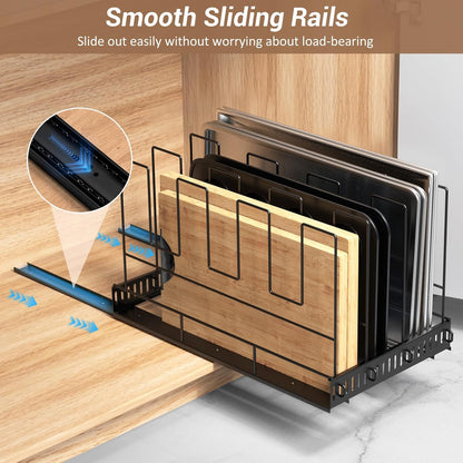 Housolution Pull Out Baking Tray and Cookie Sheet Cutting Board Organizer | 13"-22" Expandable, 21.5" Deep, 8 Adjustable Dividers, Sliding Rail Design, Sturdy Metal Structure, Adhesive/Screw Fixing