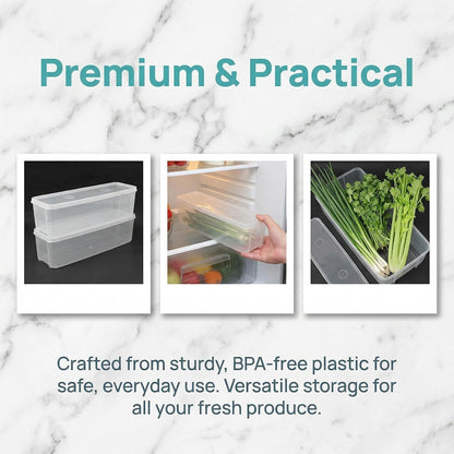 DECHOUS Long Plastic Food Storage Container with Lid for Scallions, Cilantro, Green Onions - Stackable, Airtight Clear Rectangular Food Container for Kitchen Fridge, 12x3.14x3 Inch