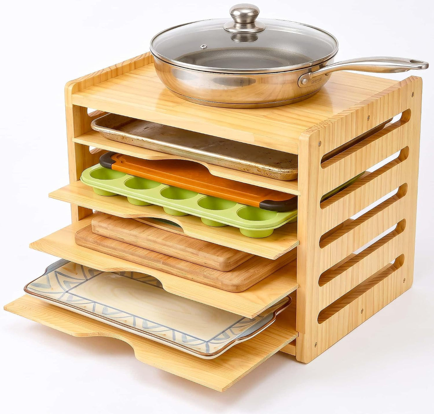 6 Tier Cookie Sheet Pan Organizer for Kitchen Cabinet | Sturdy Natural Solid Wood, Easy Assembly, Vertical Tray Divider for Baking Sheets, Platters, Cutting Boards