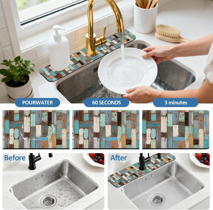 2 Pcs Kitchen Sink Splash Guard Faucet Mat Wood Grain Pattern Faucet Mat for Sinks Natural Wood Color Absorbing Drying Mats for Kitchen Bathroom, 23.6x5.5inch