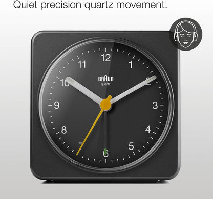 Braun Classic Analogue Alarm Clock with Snooze and Light, Quiet Quartz Sweeping Movement, Crescendo Beep Alarm in Black, Model BC03B.