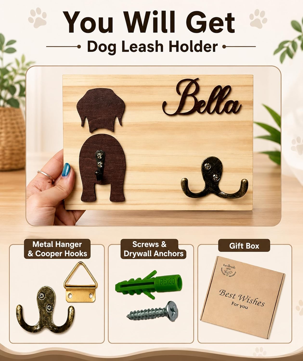 Dog Leash Holder Wall Mount, Pet Harness Hanger with Scrabble Letters, Dog Collar Organizer for Entryway, Memorial Cat Leash Holder for Wall, Pet Loss Gifts, Keepsake, Home Decor PF212-NAT