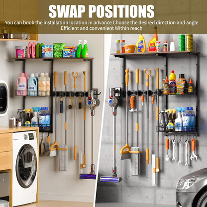 Broom Holder Wall Mount，With A Storage Basket Cleaning Tool Storage Rack | Multifunctional Broom And Mop Organizer Wall Hanger,Suitable Laundry Room 、Garage 、Kitchen Wall-mounted Storage Rack （Black）