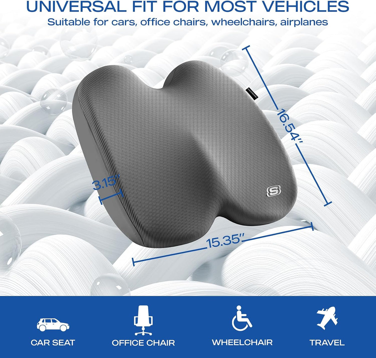 Skechers Seat Cushion, Ergonomic Memory Foam Cushion for Long Sitting Hours on Office & Home Chair, Car Seat Cushion for Sciatica, Coccyx Cushion,Brown